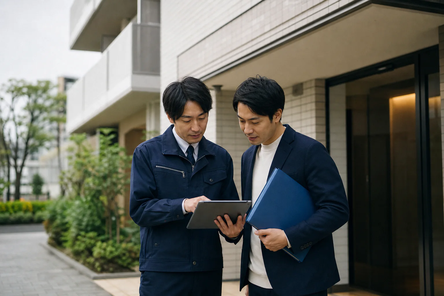 建物の前で相談内容を確認する担当者と現場スタッフ